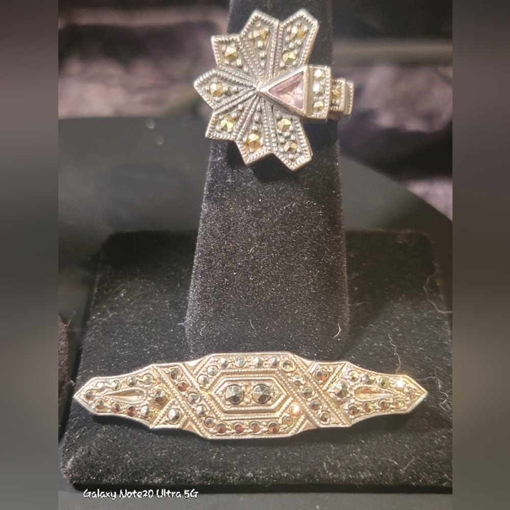 0514.Marcasite Set w/ Amythyst In Elegant 925 Silver Jewelry for Art Deco Lovers - Picture 11 of 15